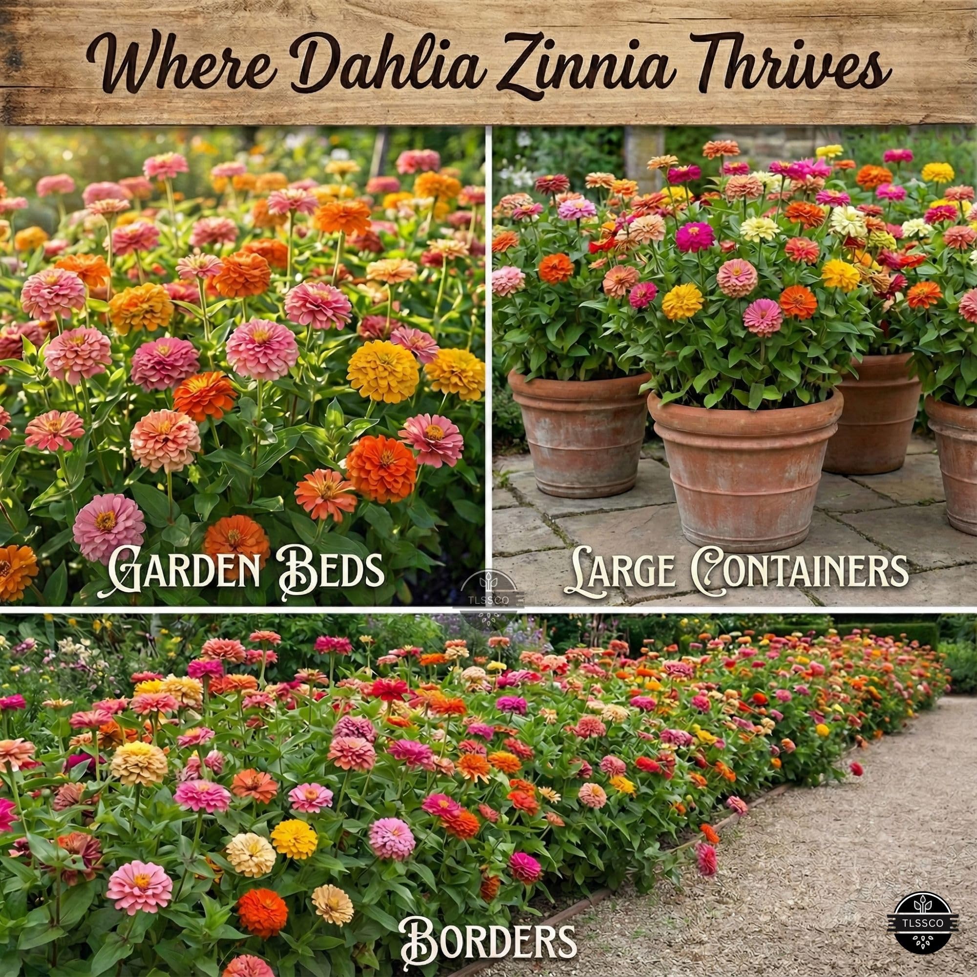 TLSSCO Zinnia Dahlia blooms in a garden border for eye-catching color