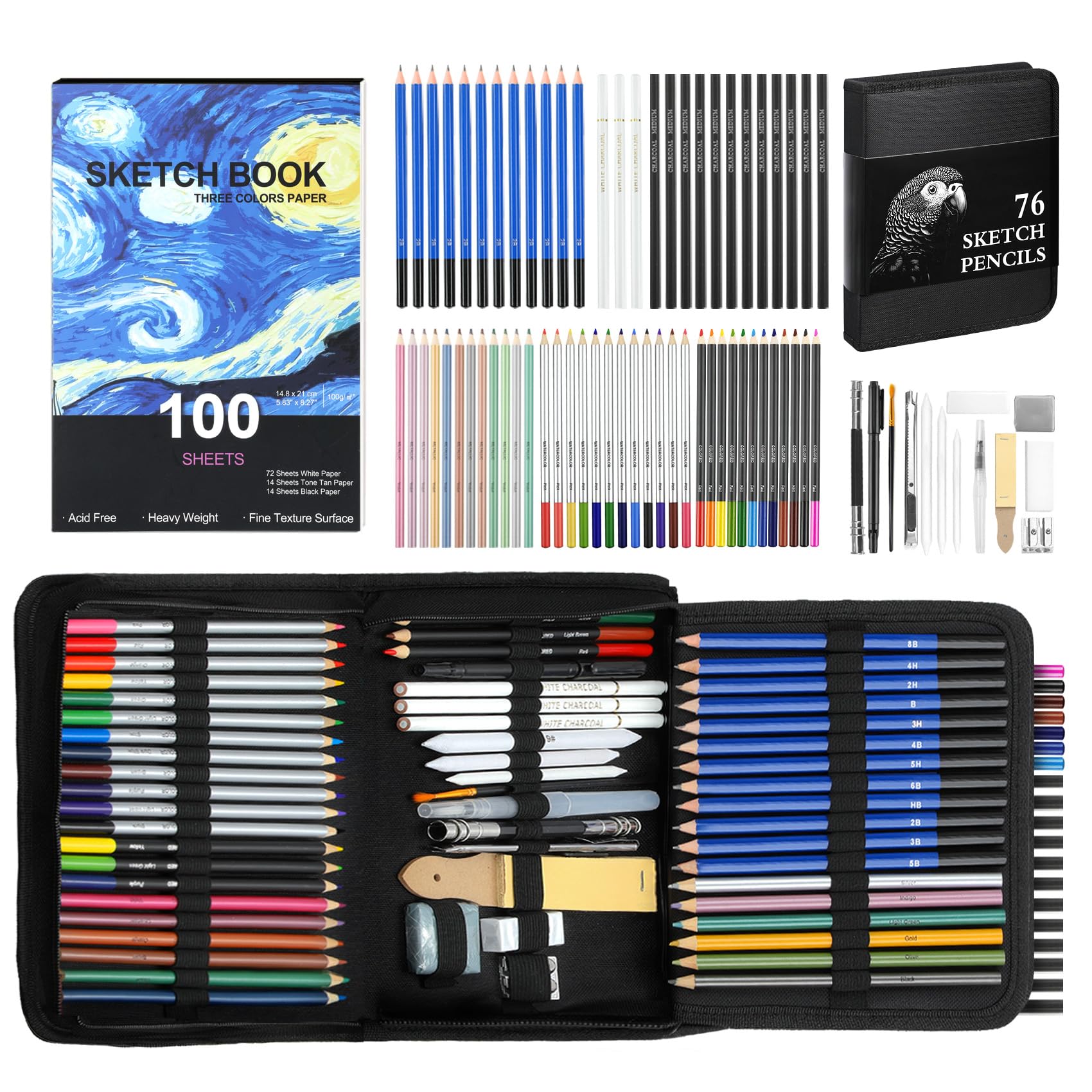 TMOL 76-piece sketching kit shown with portable case for on-the-go creativity