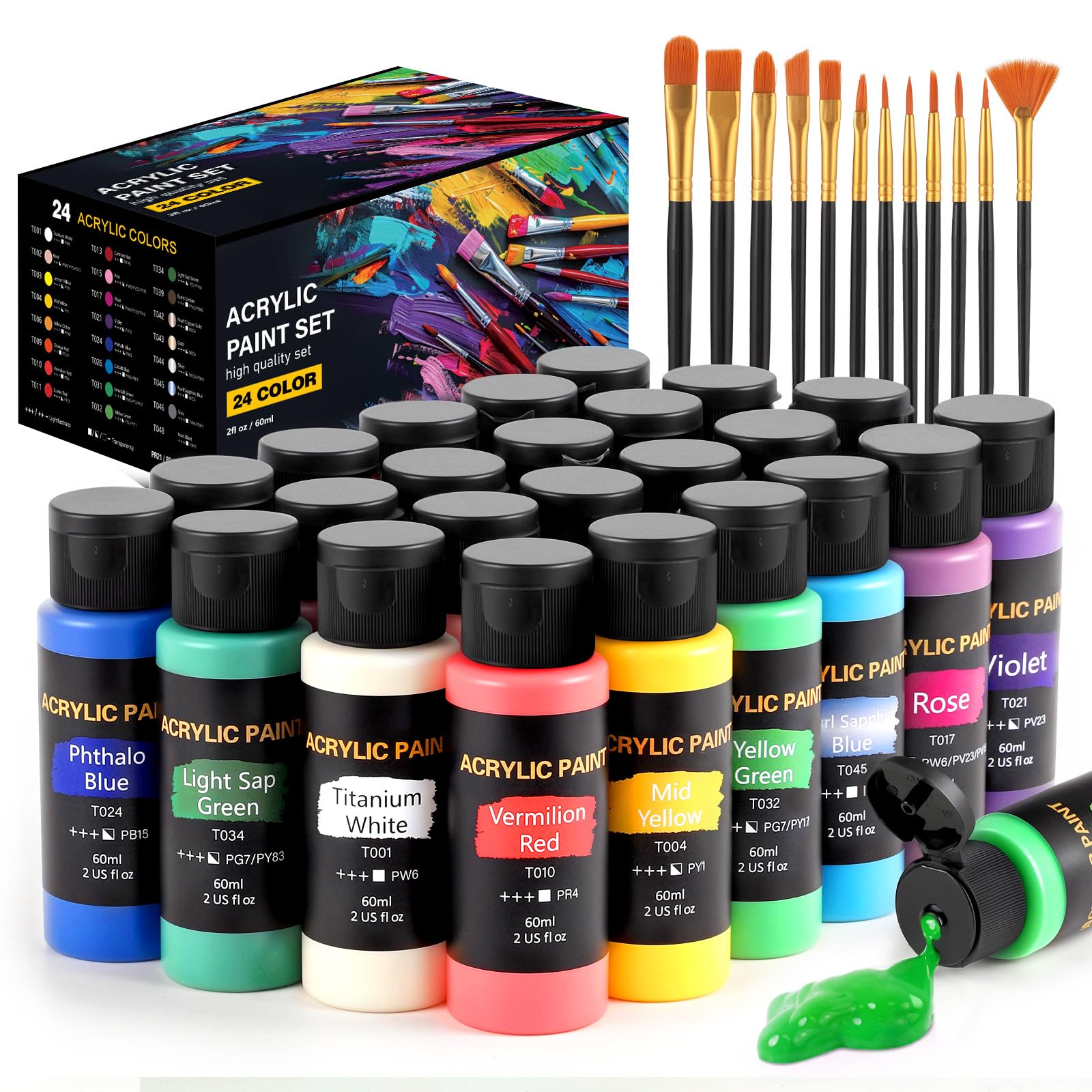 TMOL acrylic paint set with 24 vibrant colors in 60ml bottles for canvases and crafts