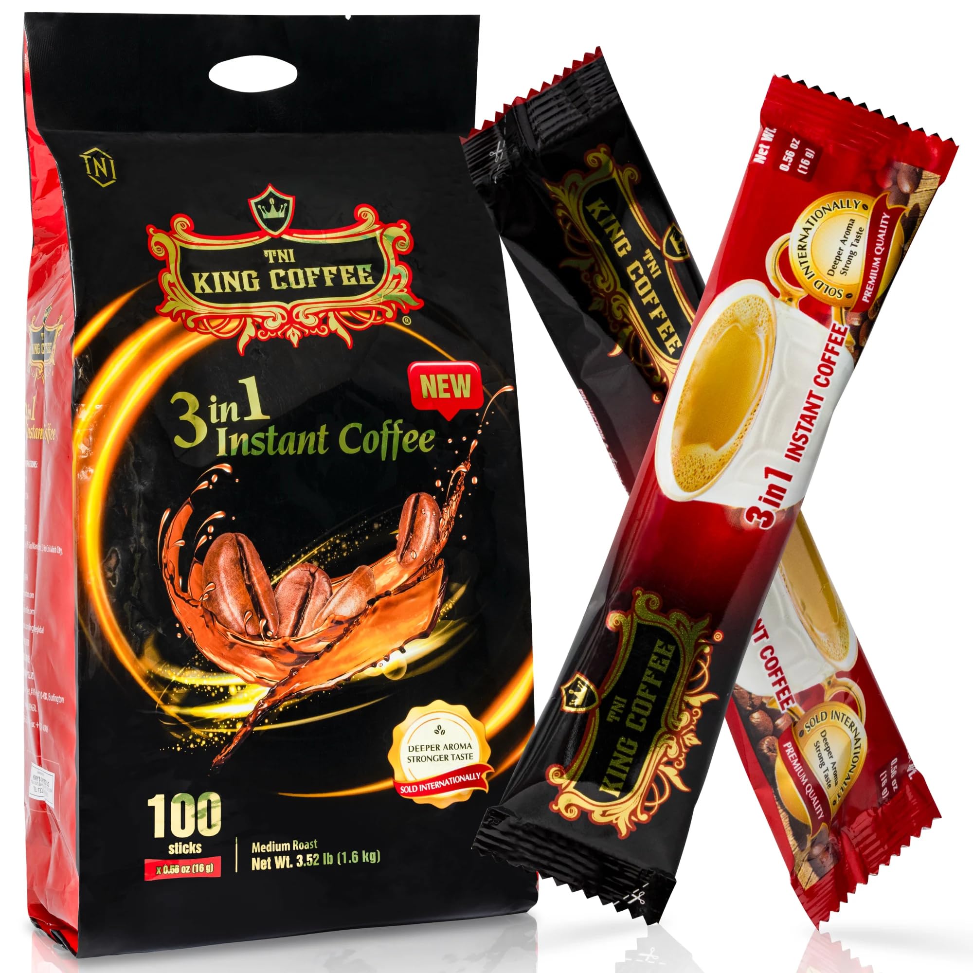 TNI King Coffee 3 in 1 front packaging view, convenient instant cup solution.