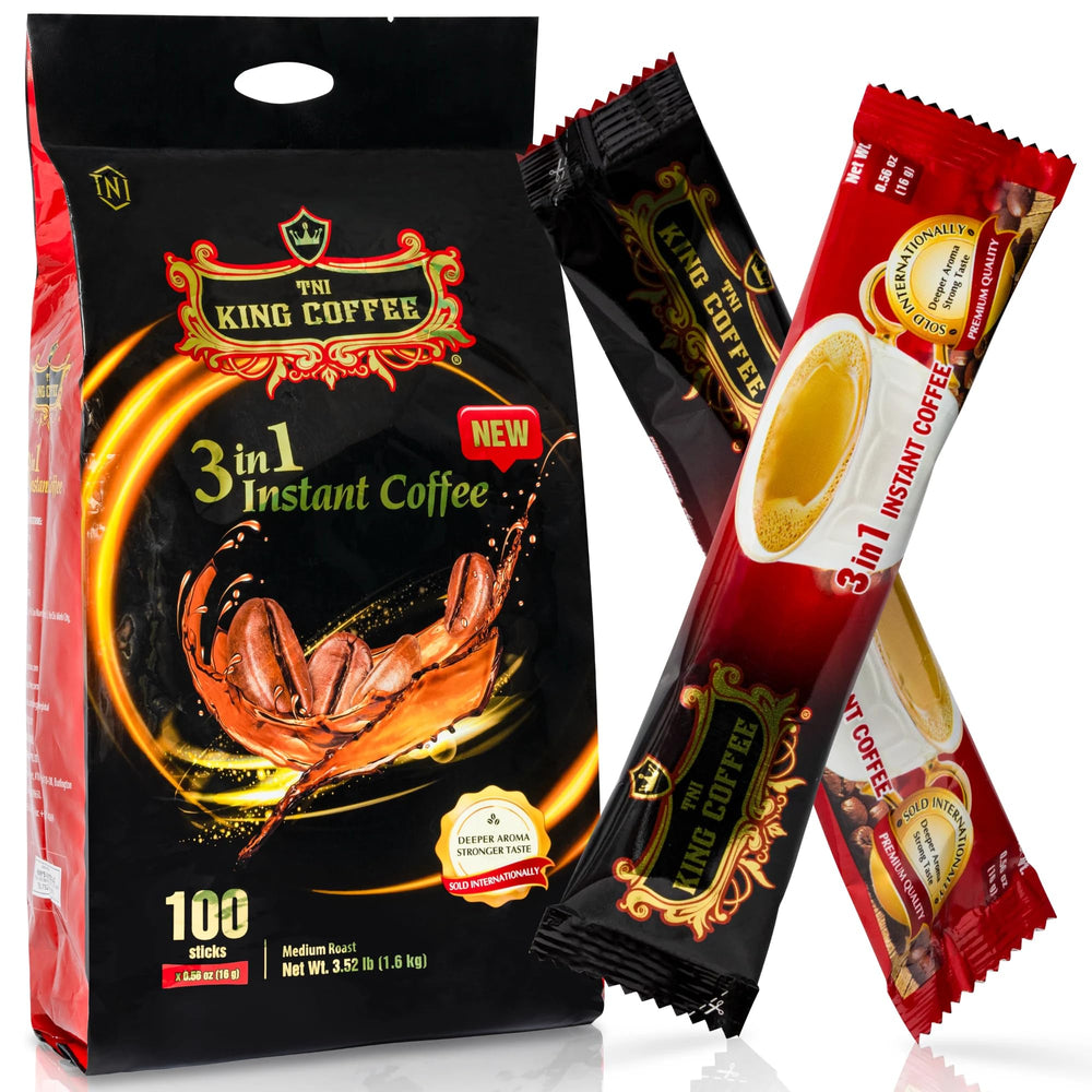 TNI King Coffee 3 in 1 front packaging view, convenient instant cup solution.