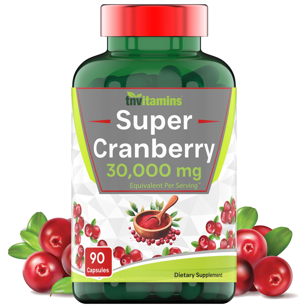 TNVitamins Cranberry Pills bottle with 30,000 mg serving highlighted for urinary health support.