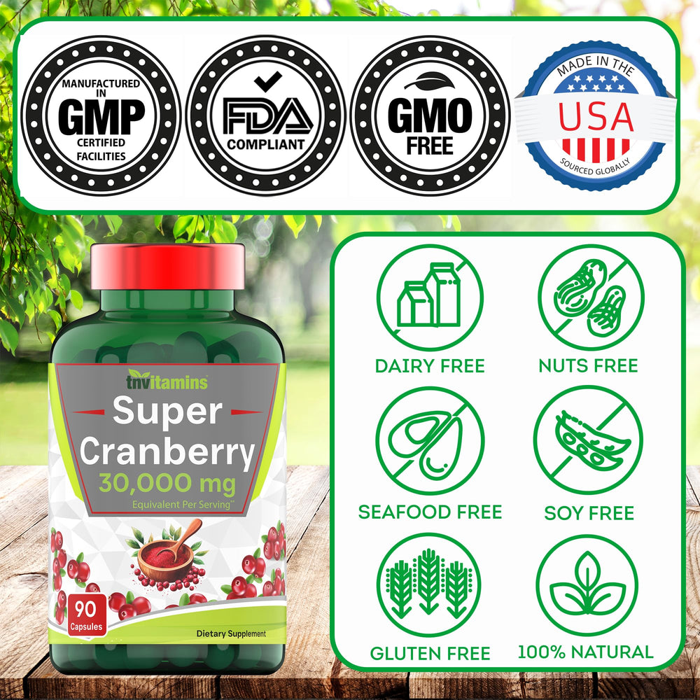 TNVitamins Cranberry Pills manufactured in the USA with batch-tested quality.