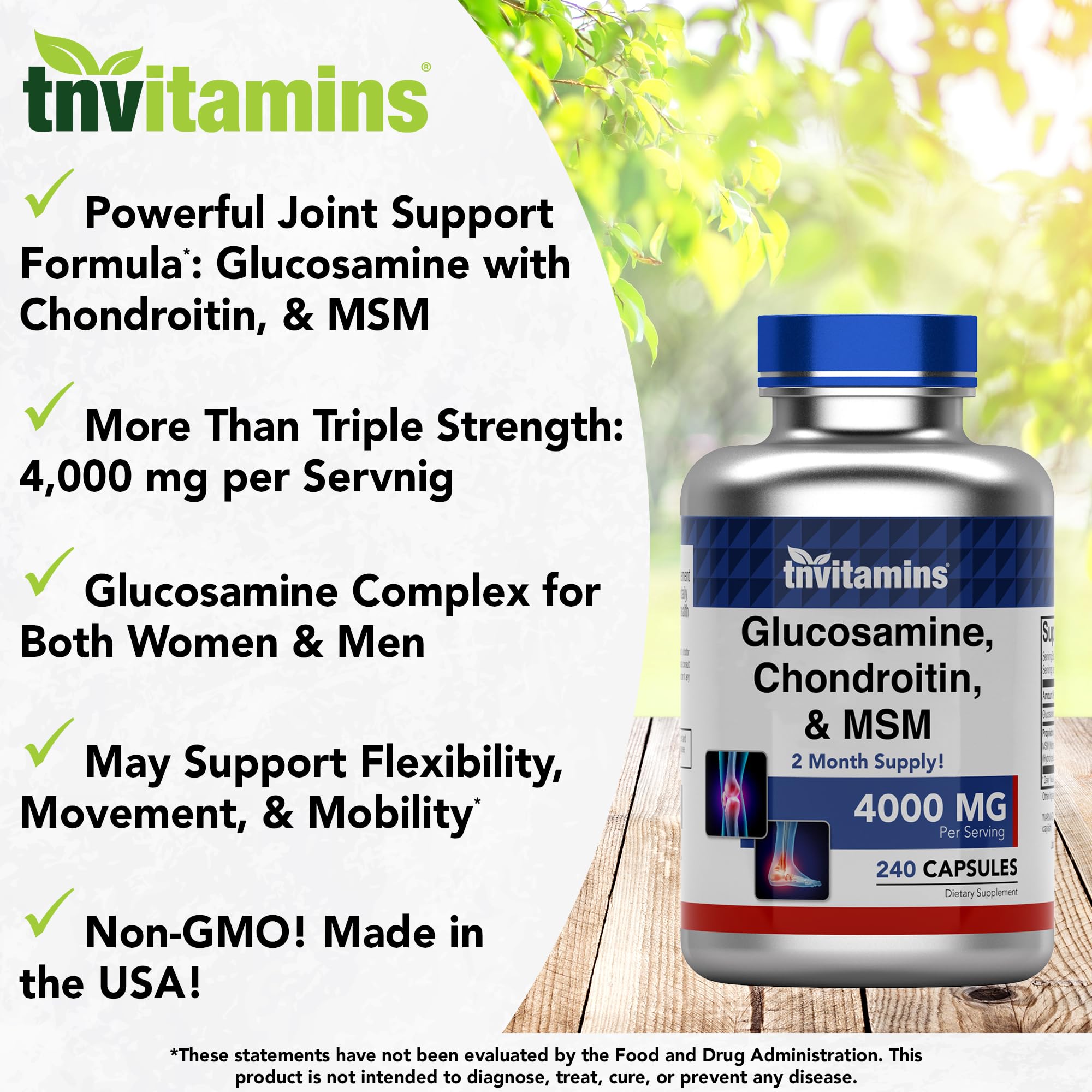 packaging of tnvitamins glucosamine chondroitin msm capsules highlighting USA-made quality