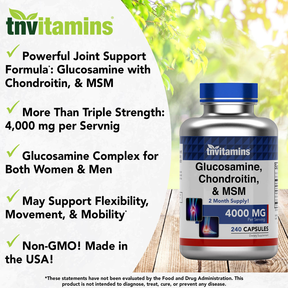 packaging of tnvitamins glucosamine chondroitin msm capsules highlighting USA-made quality
