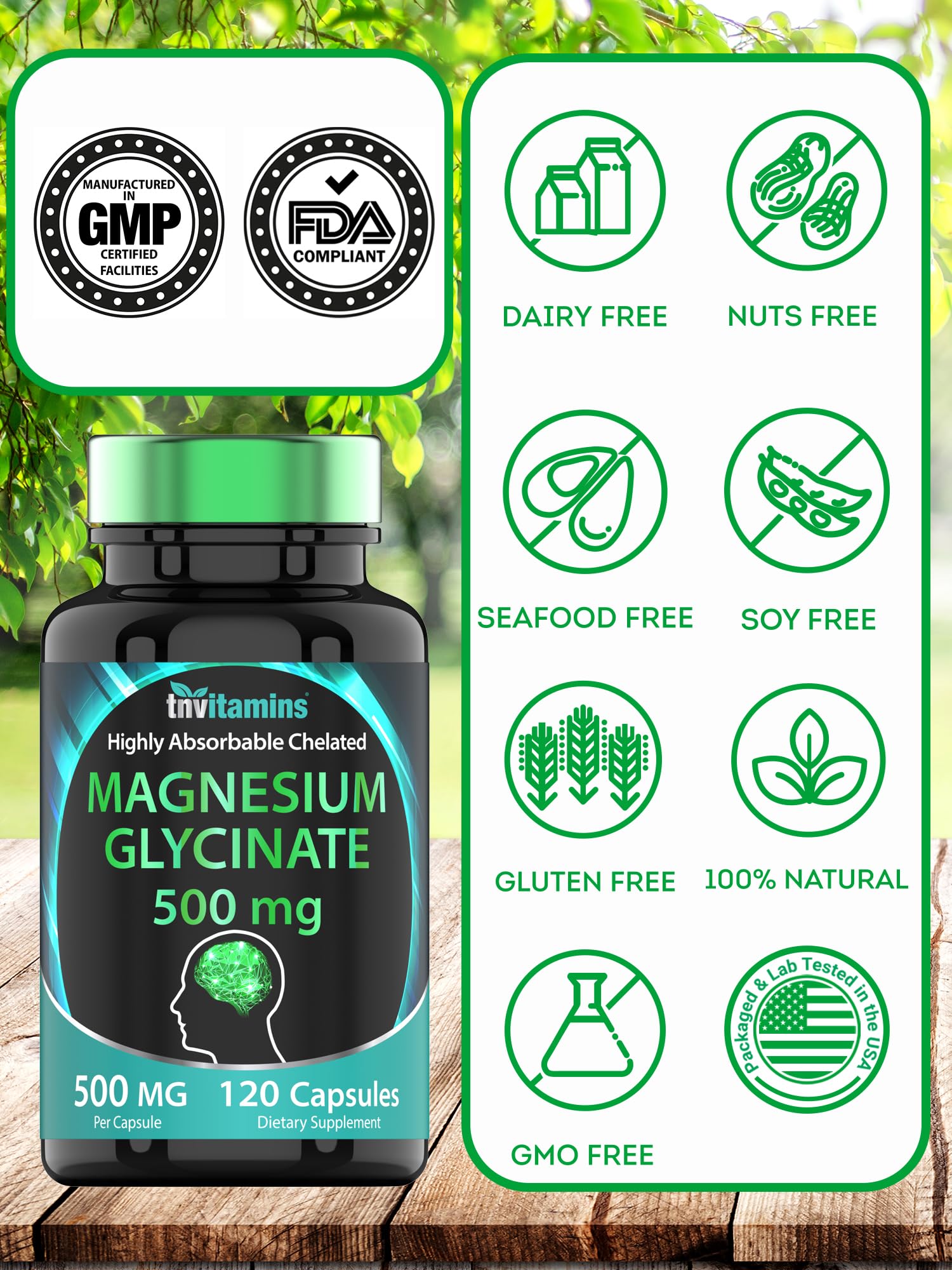 TNVitamins Magnesium Glycinate bottle stack shows 120 capsules for a four-month supply.