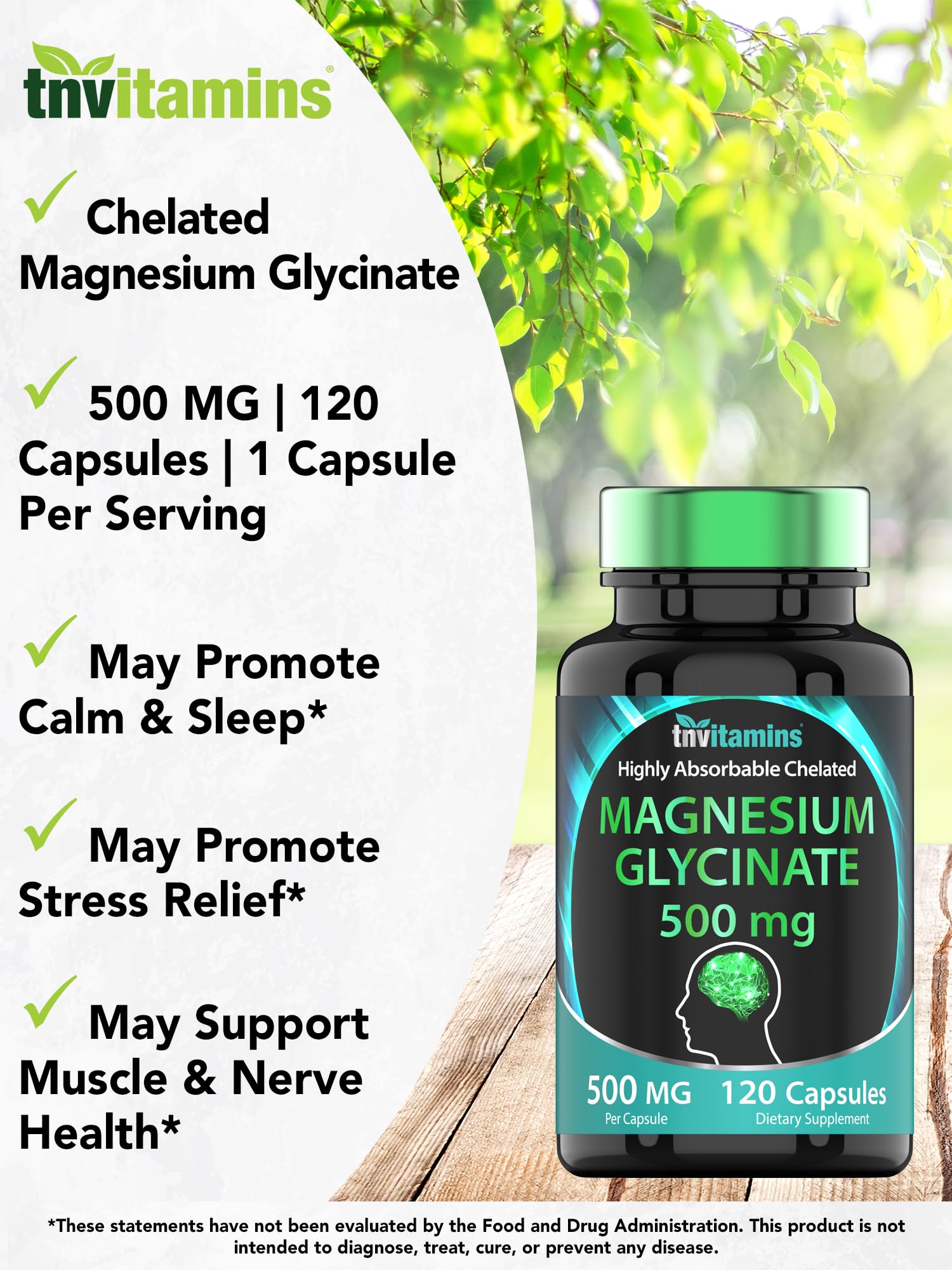 TNVitamins Magnesium Glycinate 500mg label detail shows non-GMO and USA-lab-tested quality.
