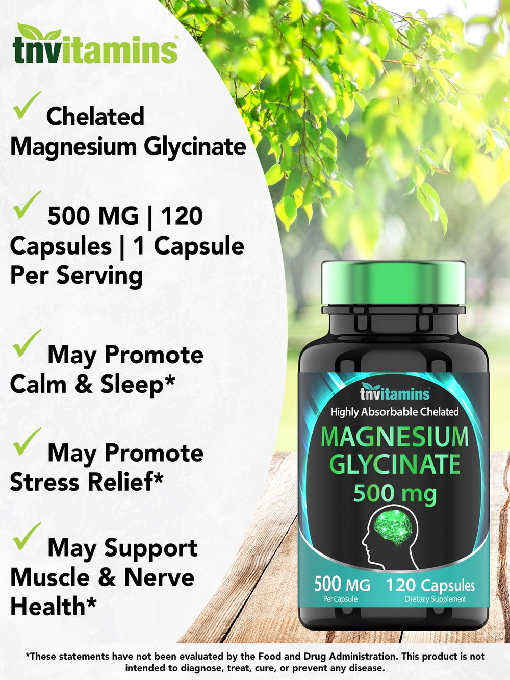 TNVitamins Magnesium Glycinate 500mg label detail shows non-GMO and USA-lab-tested quality.
