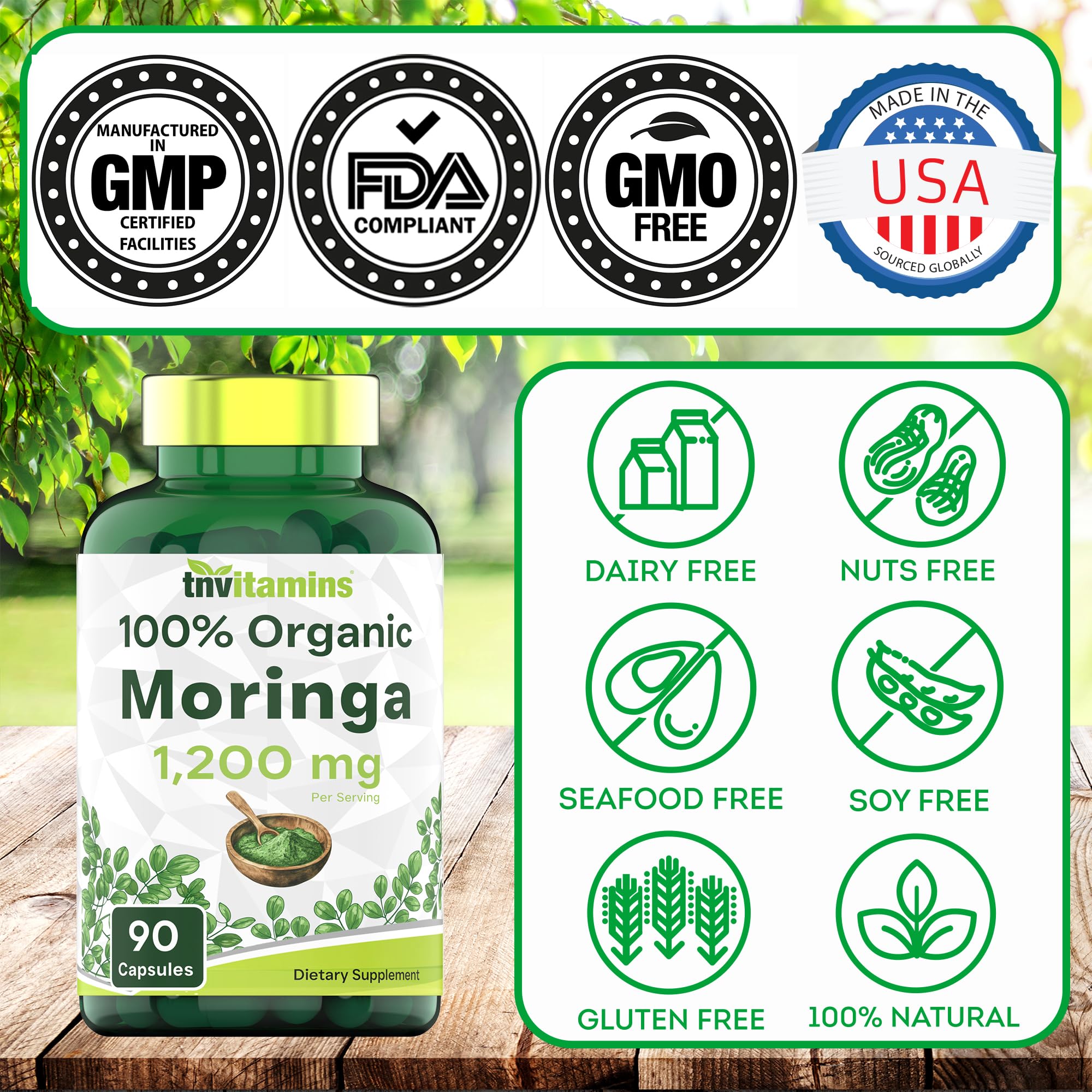 tnvitamins non-gmo gluten-free seal on moringa bottle