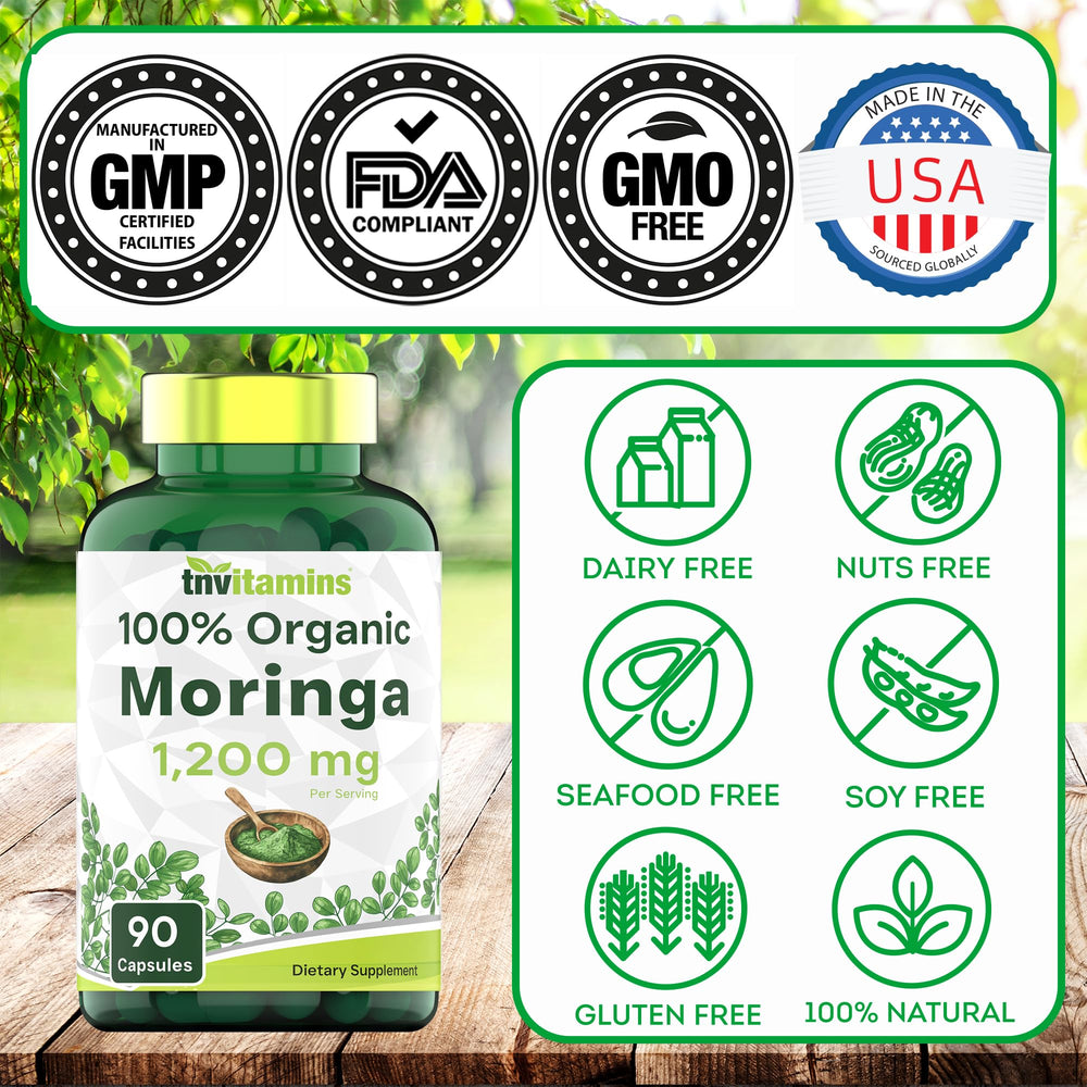 tnvitamins non-gmo gluten-free seal on moringa bottle