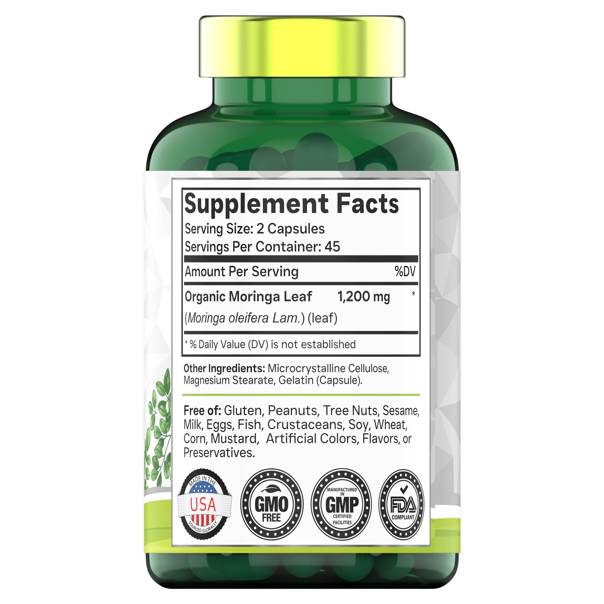 tnvitamins organic moringa leaf capsules close-up on label