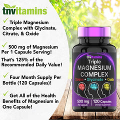 Label on TNVitamins Triple Magnesium Complex bottle highlights USA-made production and non-GMO ingredients.