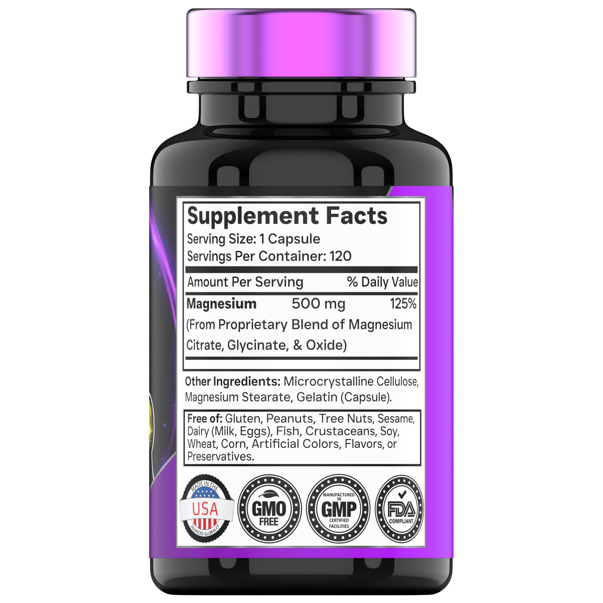 Close-up of TNVitamins Triple Magnesium Complex capsules showing glycinate, citrate, and oxide forms.