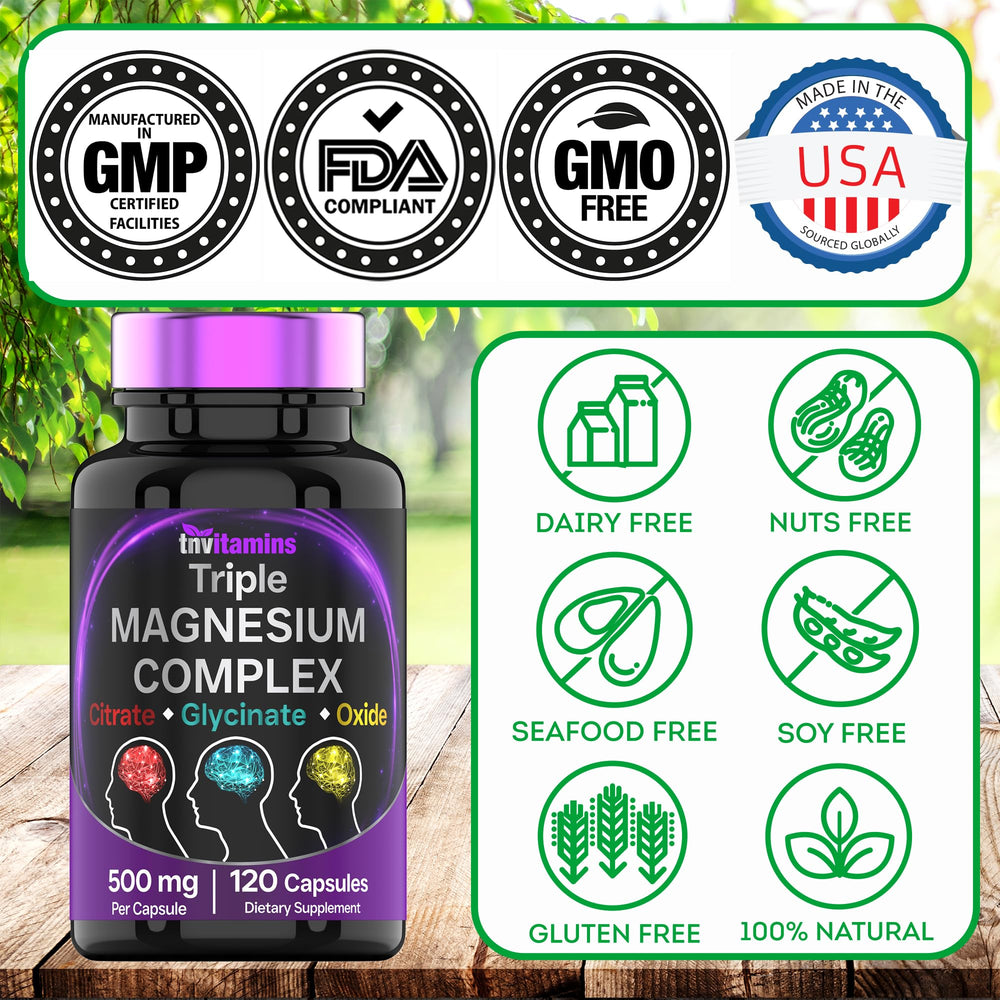 Glass TNVitamins Triple Magnesium Complex bottle on neutral surface for easy daily use.