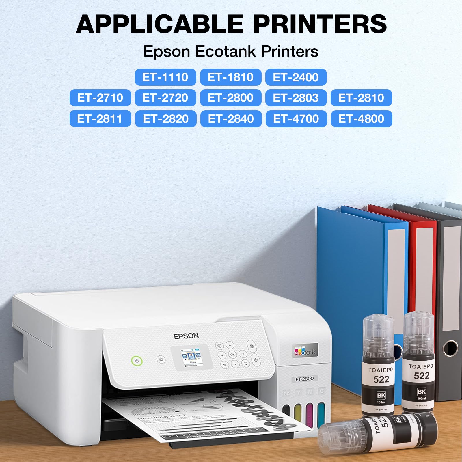 TOAIEPO Black 522 bottle contents provide high-capacity dye ink for reliable office prints