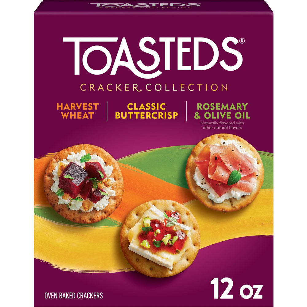 Toasteds Harvest Wheat cracker on a cheese board, ideal for pairing with fine cheeses.