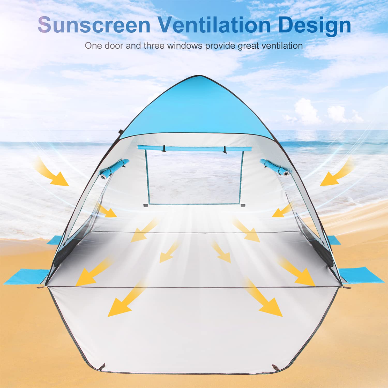 TOBTOS beach tent offers a 38.2-inch porch for extra lounging space