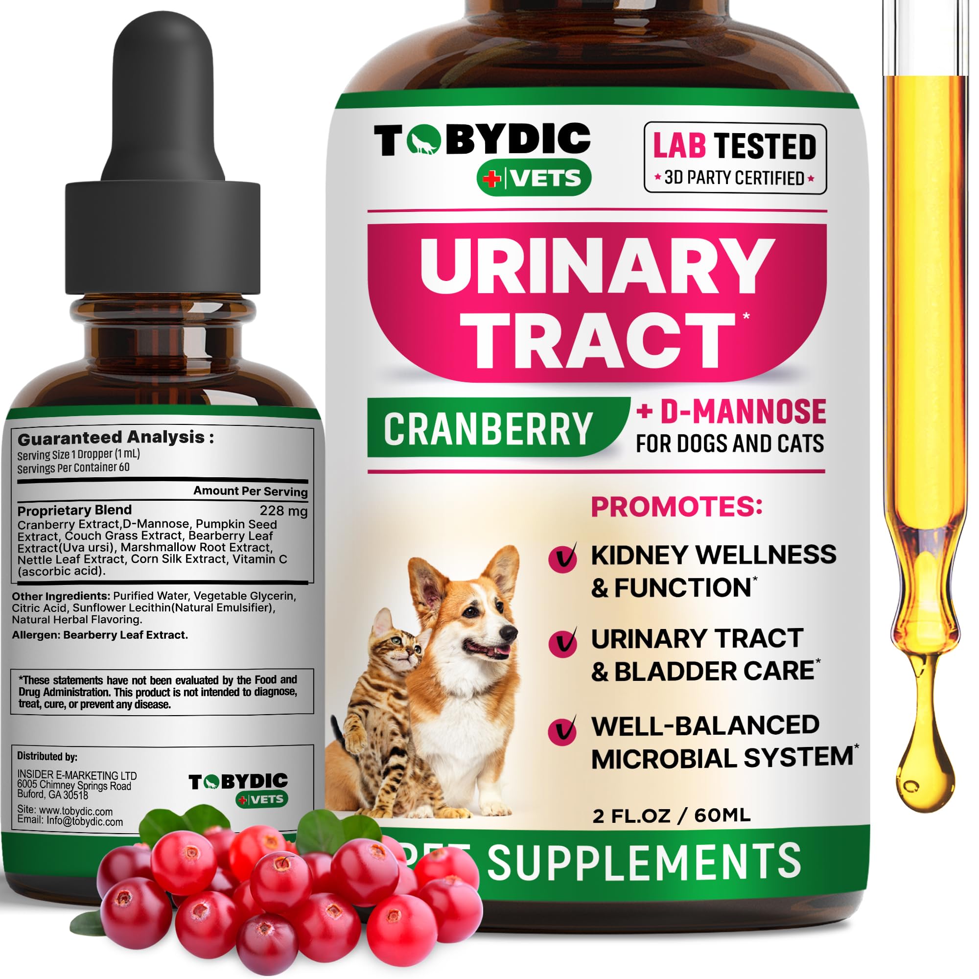 TOBYDIC UTI treatment bottle supports kidney and bladder wellness for pets.