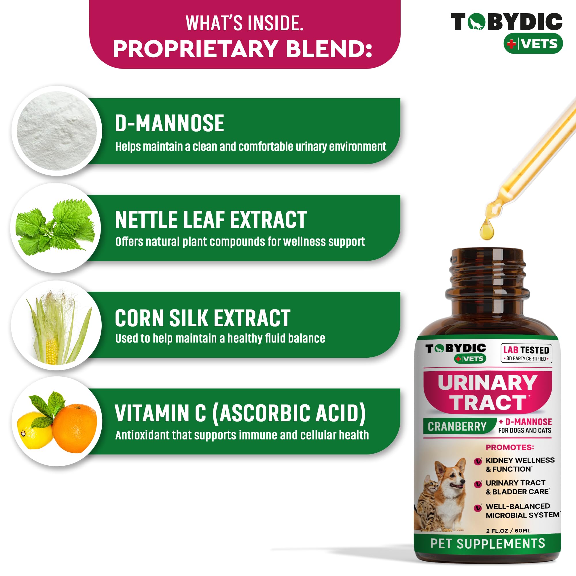 TOBYDIC cranberry extract supports urinary tract comfort and stone management.