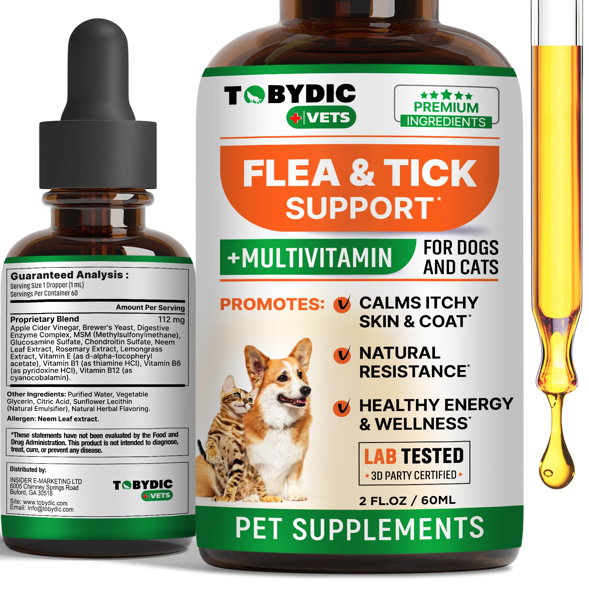 TOBYDIC flea and tick oral drops bottle illustrating daily pest protection.