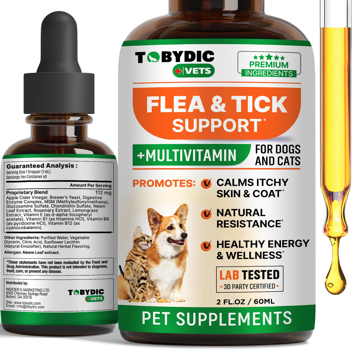 TOBYDIC flea and tick oral drops bottle illustrating daily pest protection.