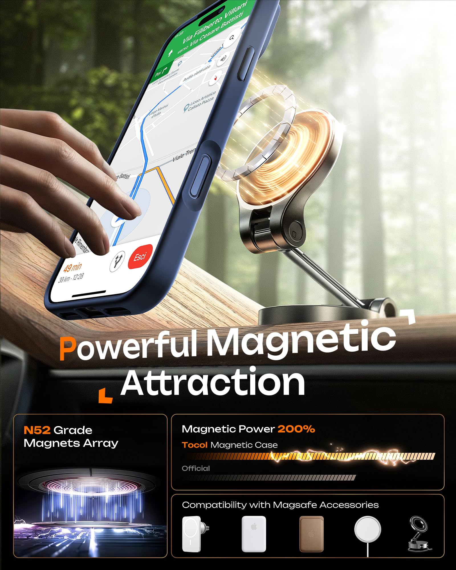TOCOL magnetic case is MagSafe-compatible and ready for magnetic car mounts and accessories.
