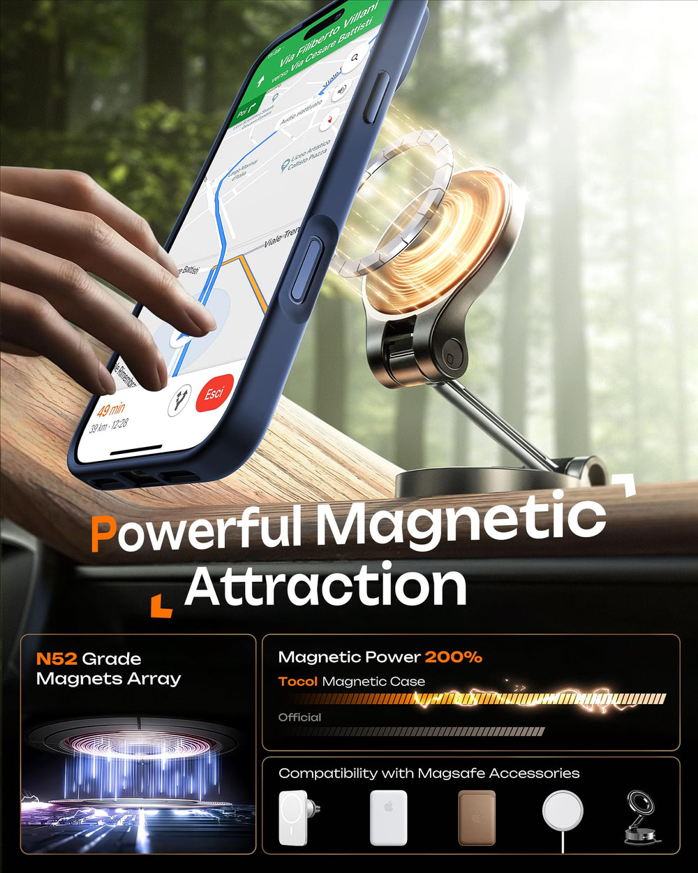 TOCOL magnetic case is MagSafe-compatible and ready for magnetic car mounts and accessories.