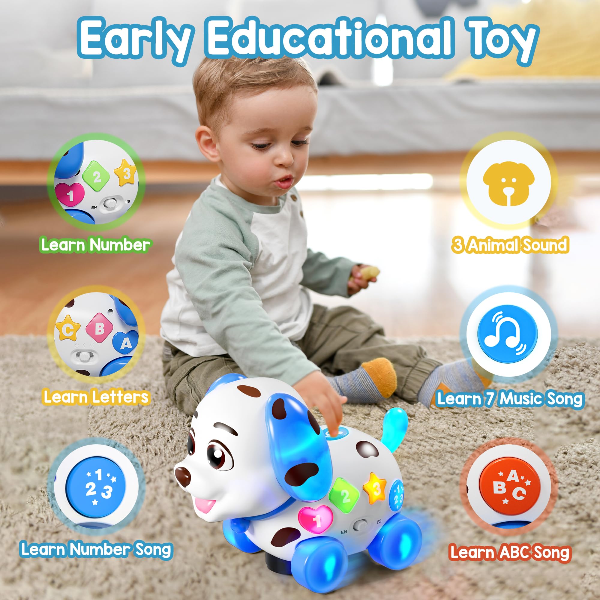 ToddlerCley bilingual toy switches between English and Spanish.