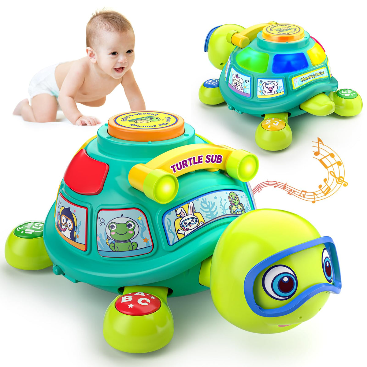 ToddlerCley Musical Turtle front view with bright colors for tummy time
