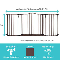 Toddleroo Deluxe Decor Gate adjustable width for flexible doorway fit.