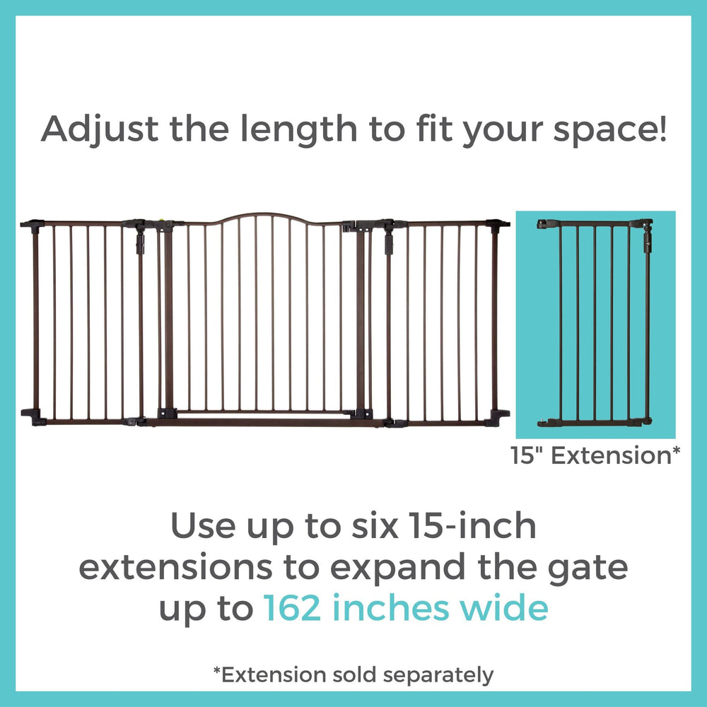 Toddleroo Deluxe Decor Gate matte bronze finish adds modern style.