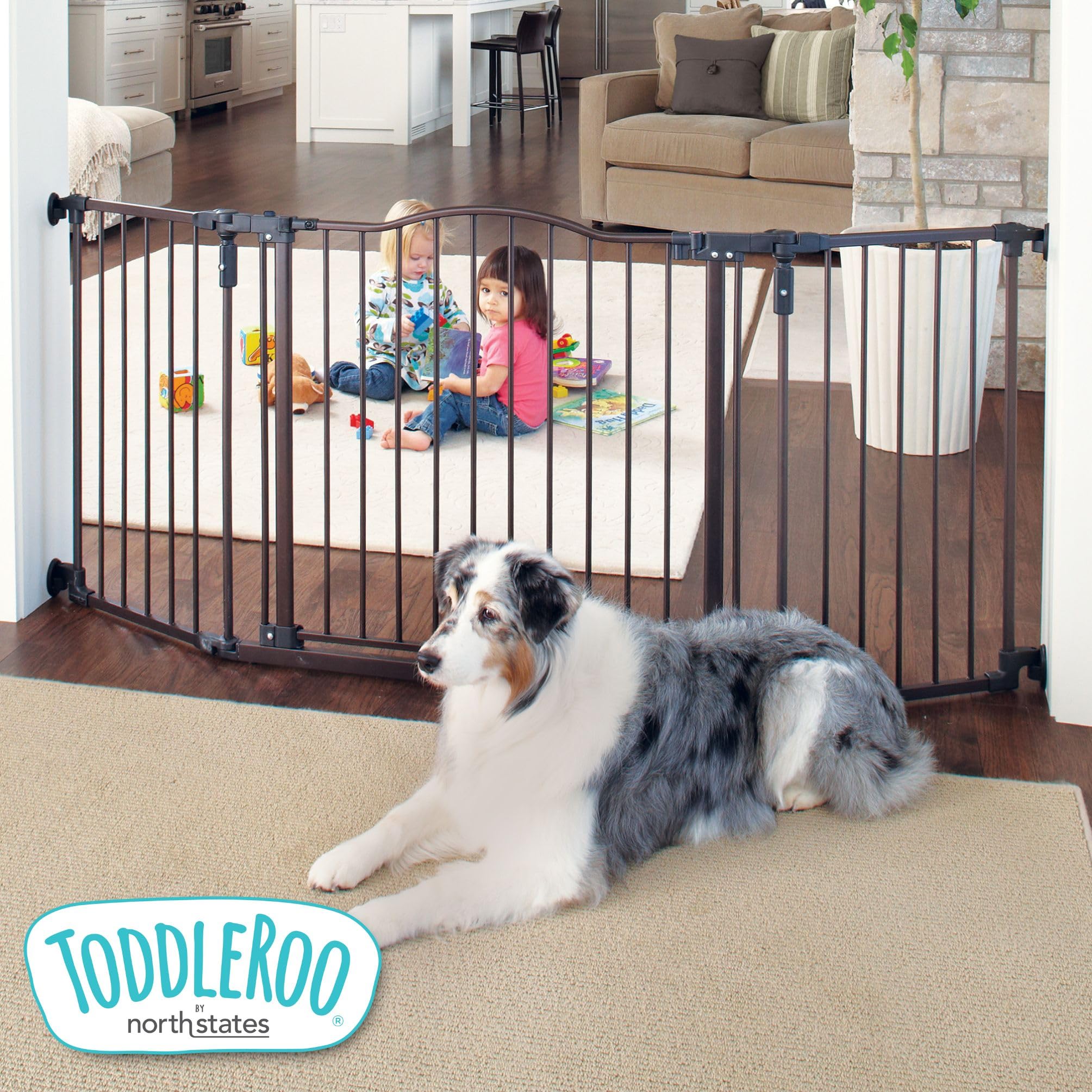 Toddleroo gate wide openings ideal for hallways and doorways.