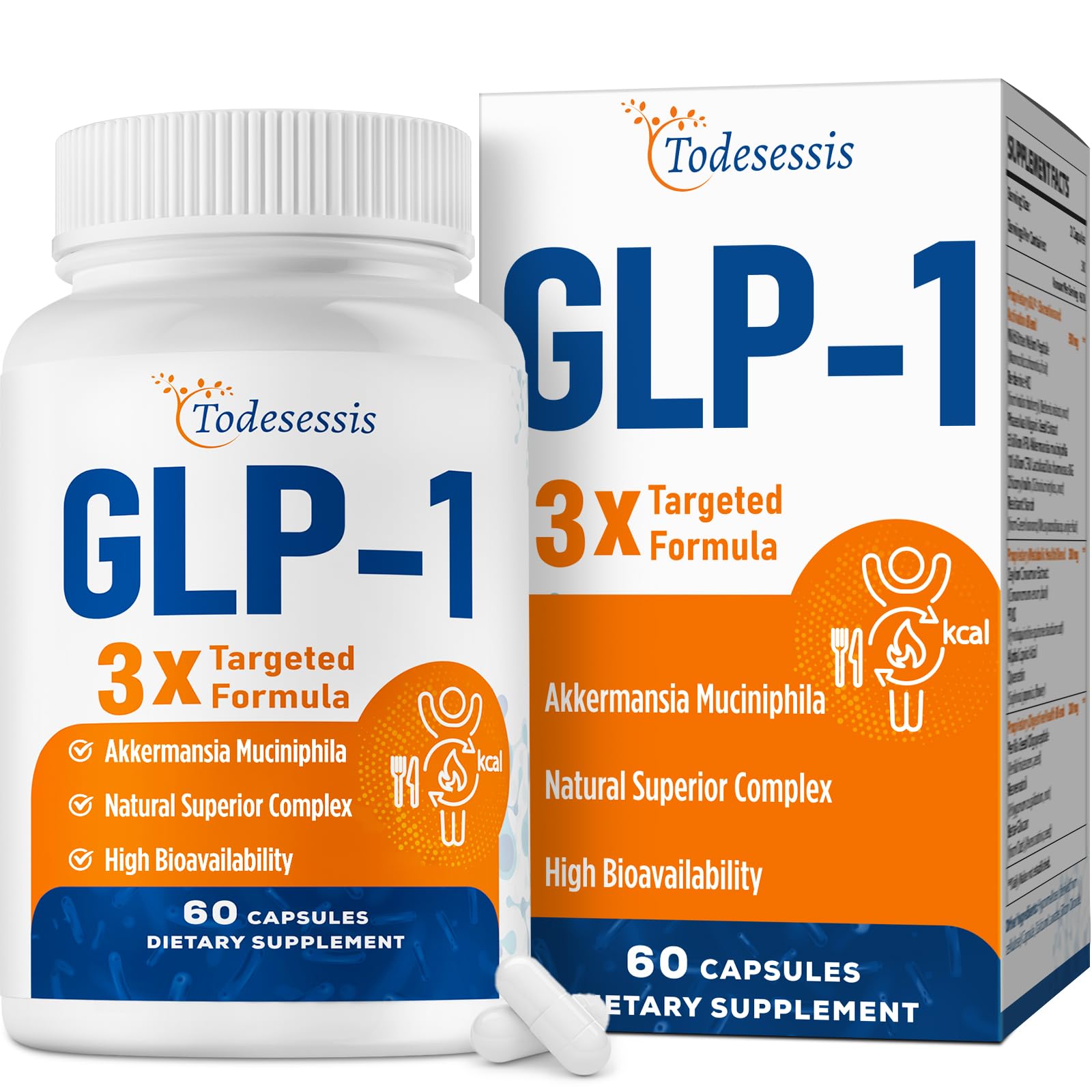 Todesessis GLP-1 supplement bottle shows lasting fullness after meals.