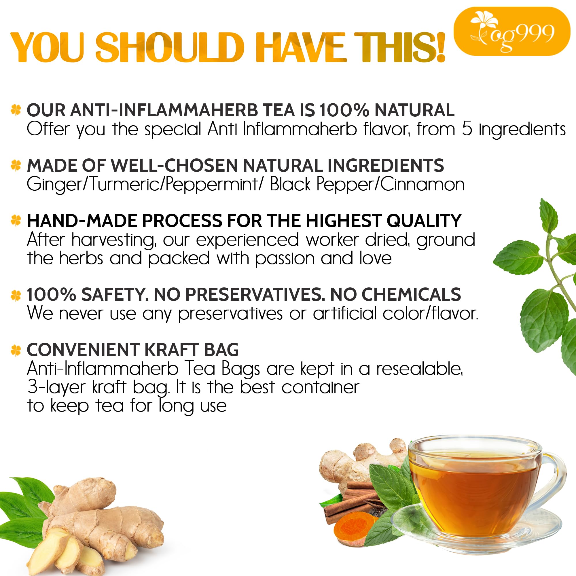 TOG999 Anti-Inflammaheb blend with black pepper and cinnamon for warm spice.
