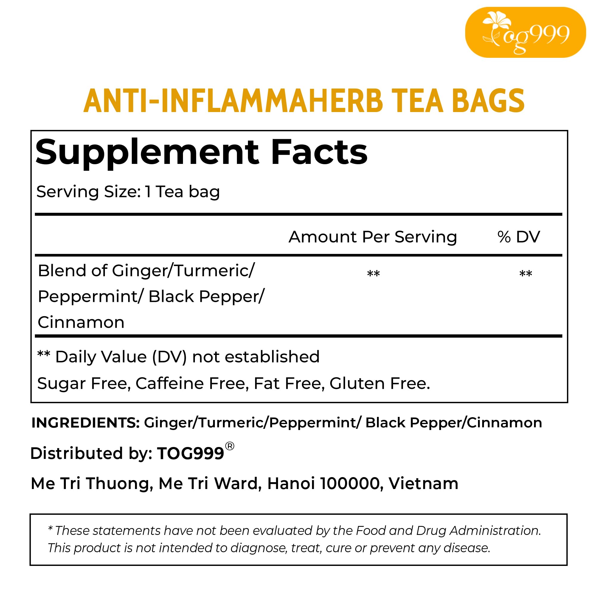 Close-up of TOG999 Anti-Inflammaheb tea bags with ginger and turmeric aroma.