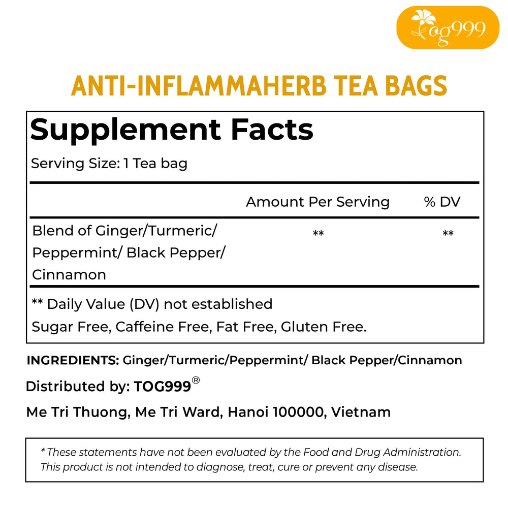 Close-up of TOG999 Anti-Inflammaheb tea bags with ginger and turmeric aroma.