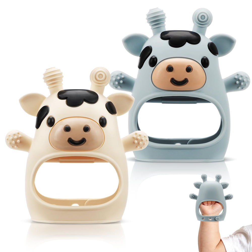 TOHIBEE teething mitten cow blue; soothing textured bites help calm gums.
