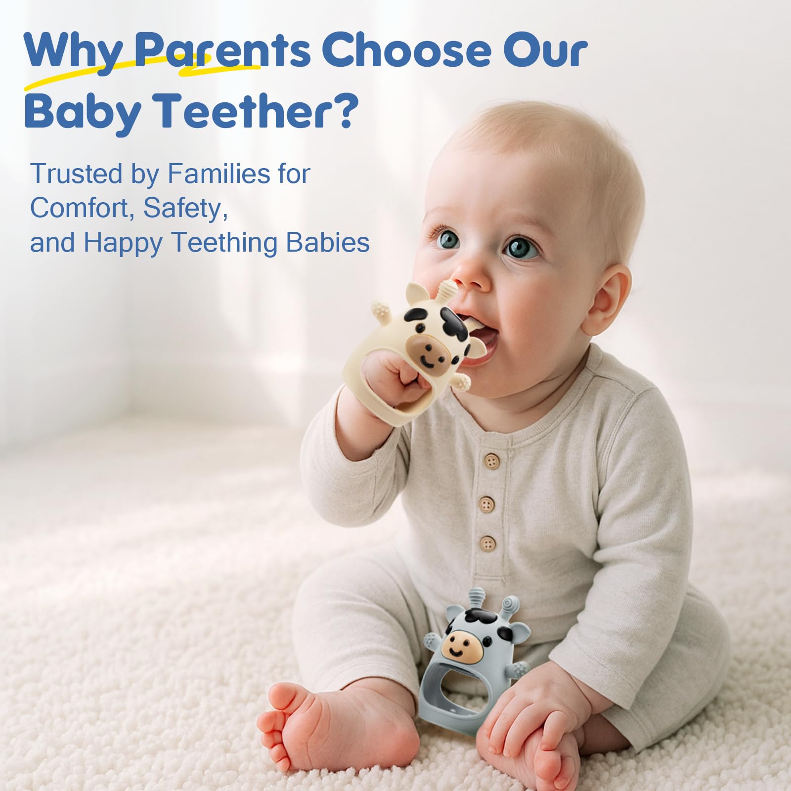 TOHIBEE teething mitten cow white; varied bite points support gentle teething exploration.