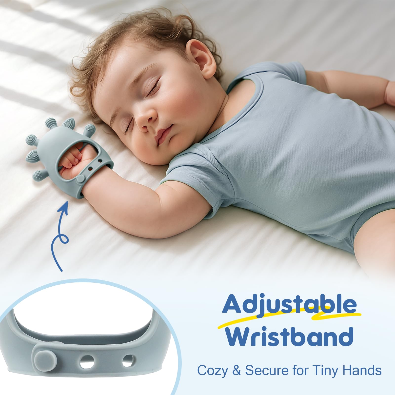 TOHIBEE teething mitten white texture close-up; different shapes offer sensorimotor exploration.