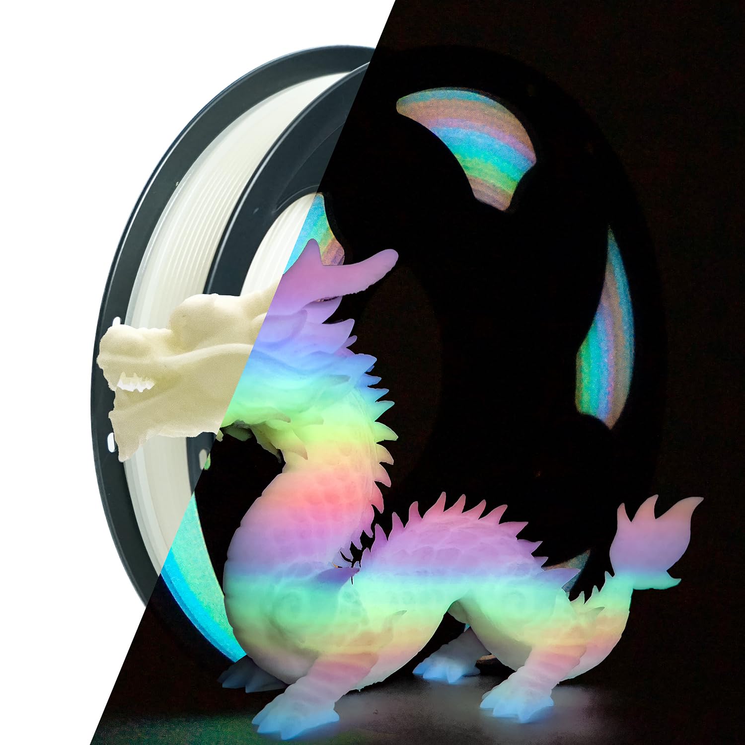Toksen3D glow gradient rainbow filament glows in the dark for striking nighttime visuals.