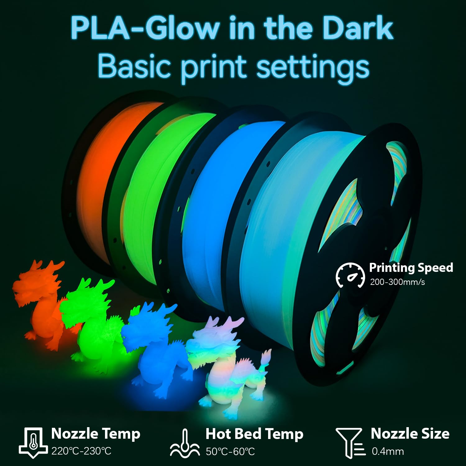 Toksen3D glow gradient rainbow filament prints reliably on common 3D printers at recommended temps.