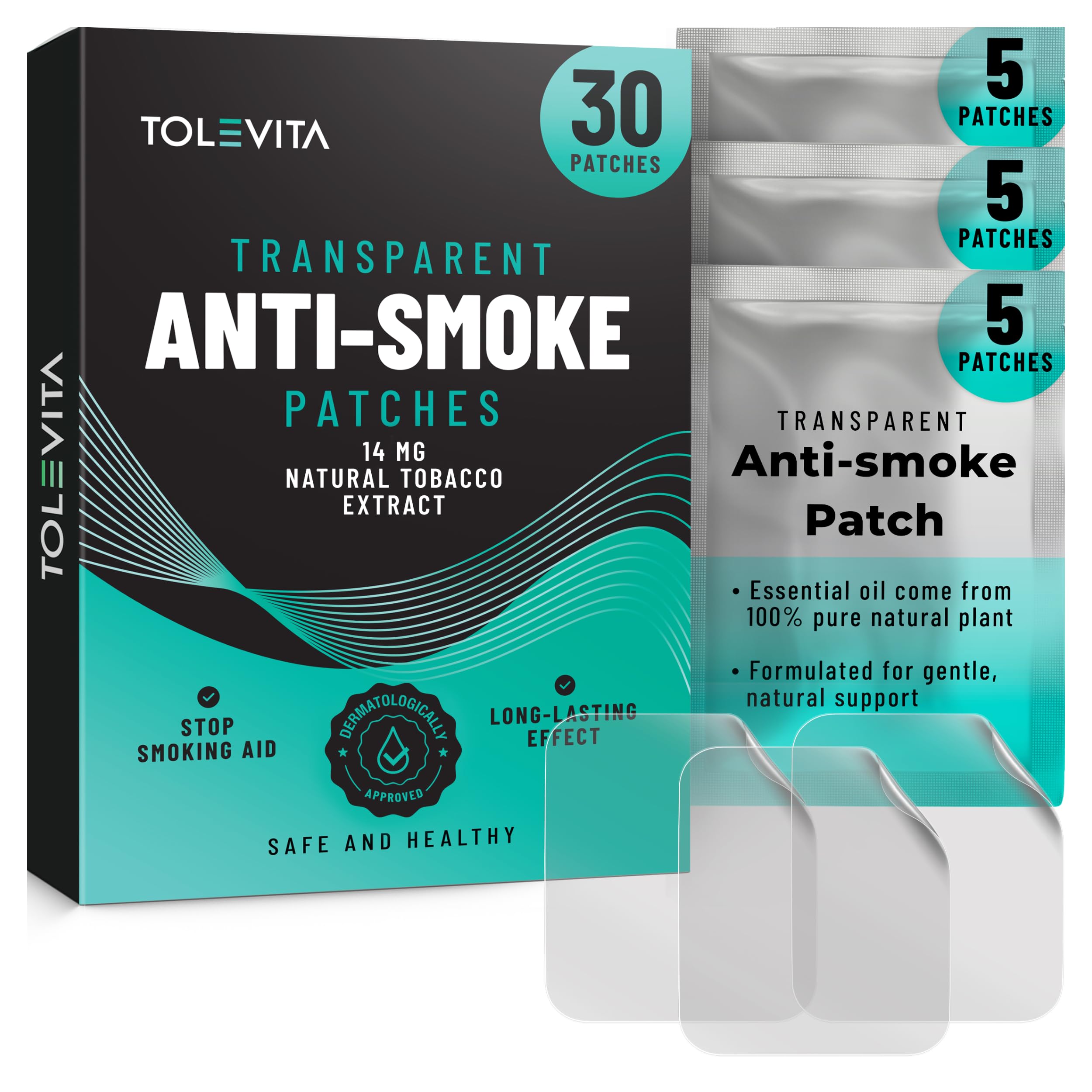 TOLEVITA anti-smoke patch box front showing 30-day supply for cravings management
