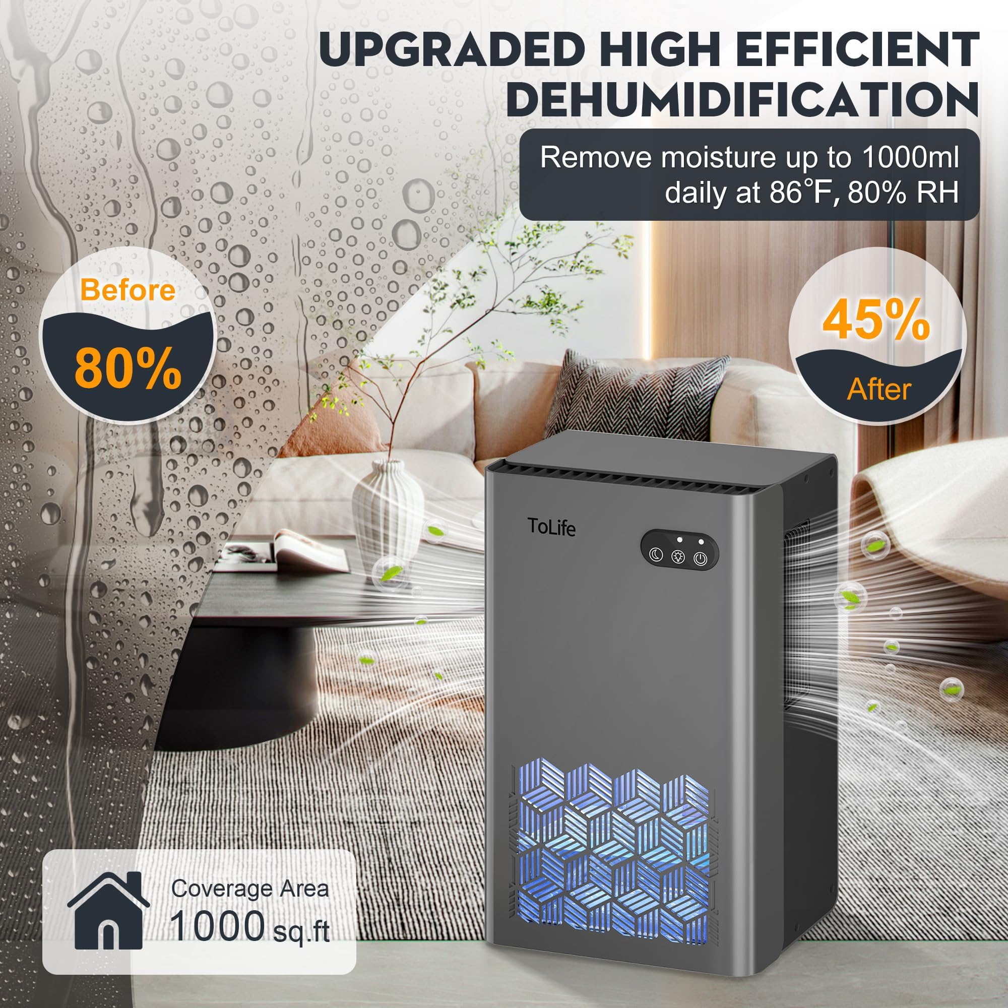 ToLife Dehumidifier quiet operation keeps living spaces peaceful while dehumidifying