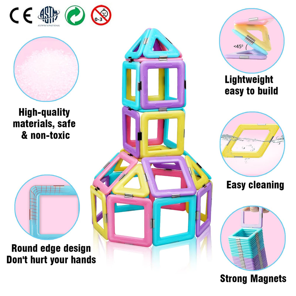 Tolnetr Magnetic Tiles pastel colors enhance color recognition during open-ended play.