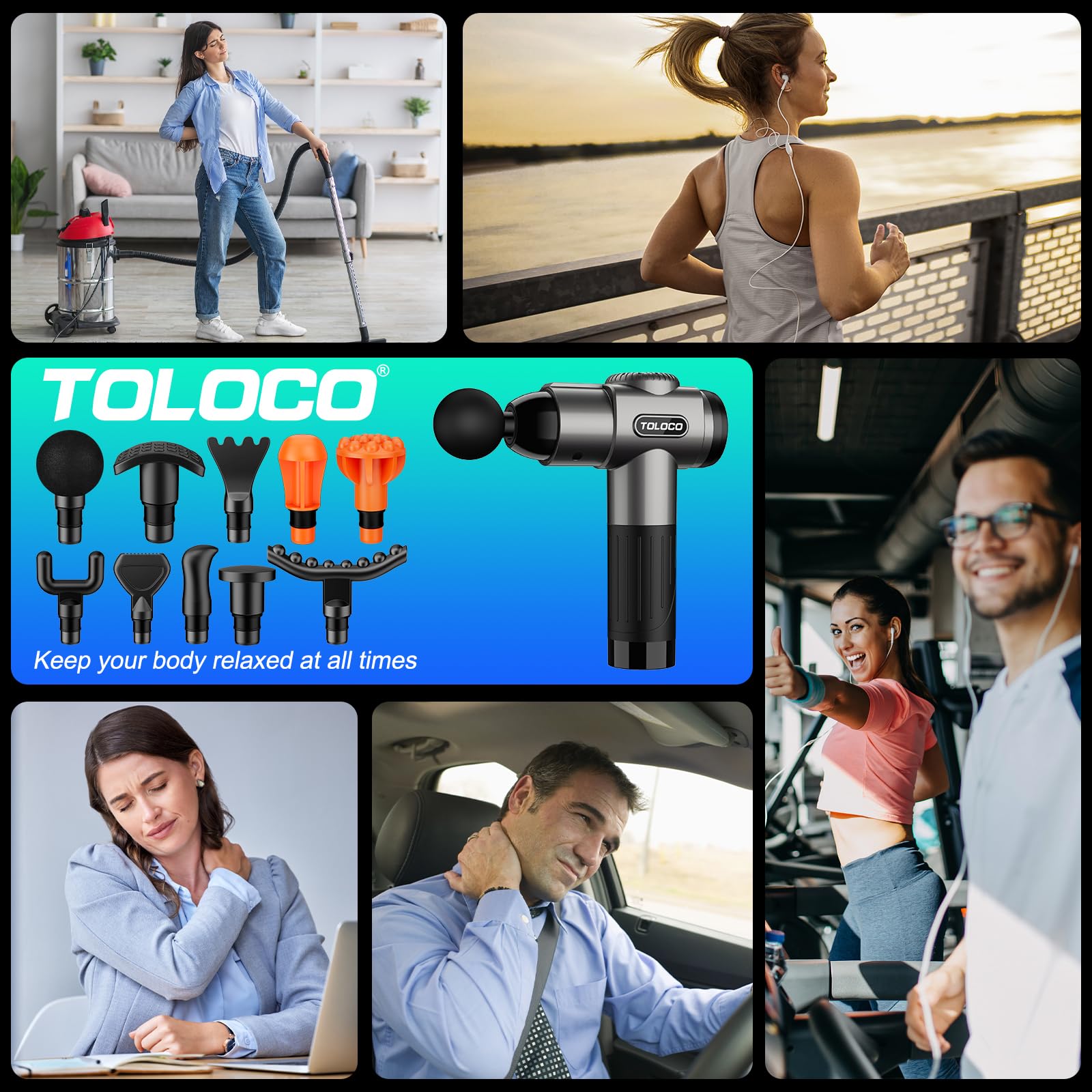TOLOCO massage gun targeting back and shoulders for post-workout relief
