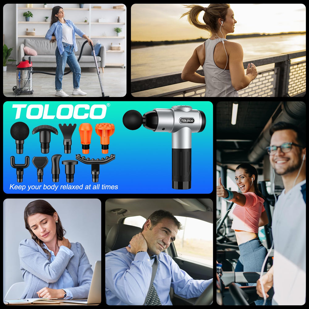 TOLOCO massage gun back view illustrating ergonomic design for extended sessions