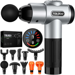 TOLOCO massage gun front view showing compact design for on-the-go relief