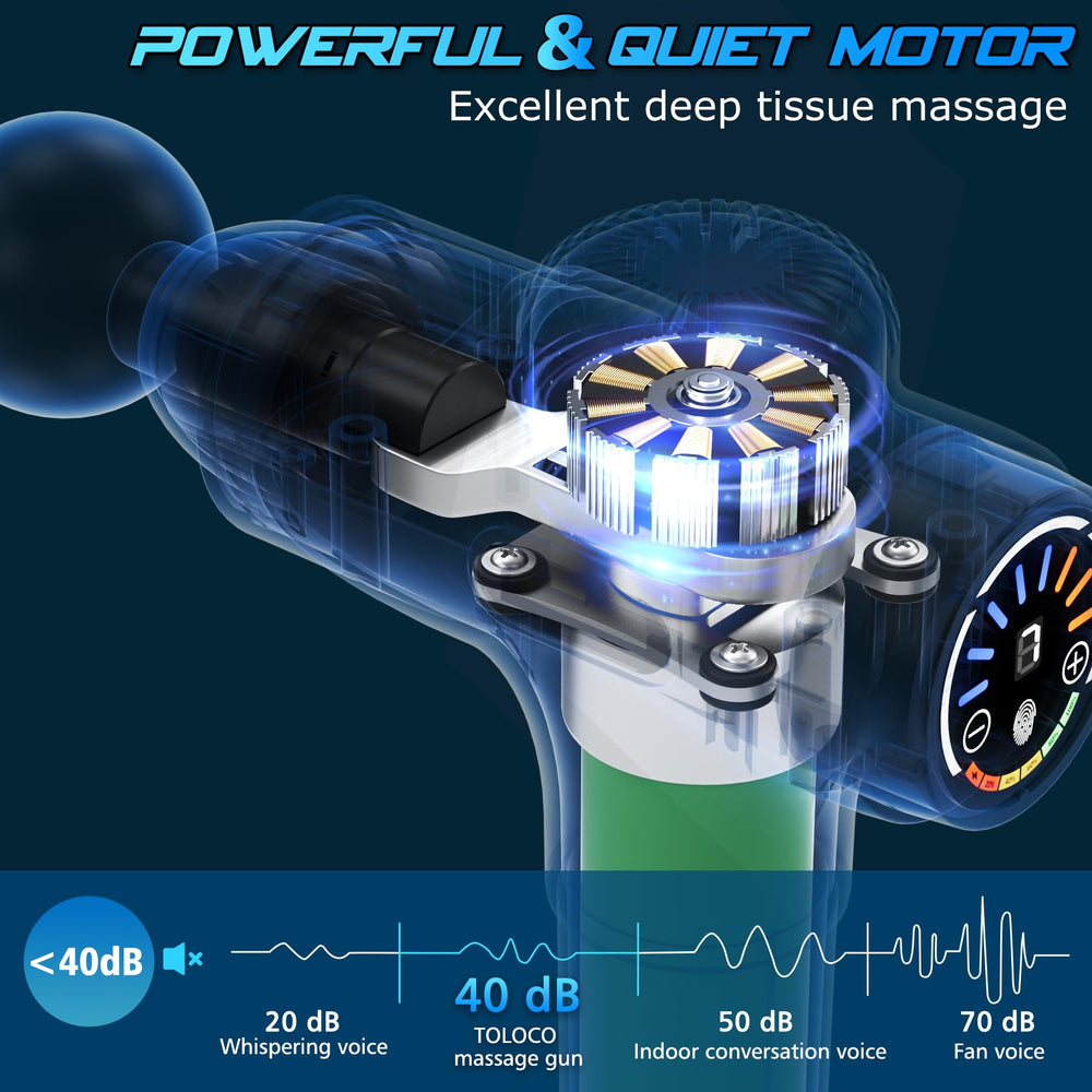 TOLOCO massage gun LED display shows speed and battery for quick adjustments
