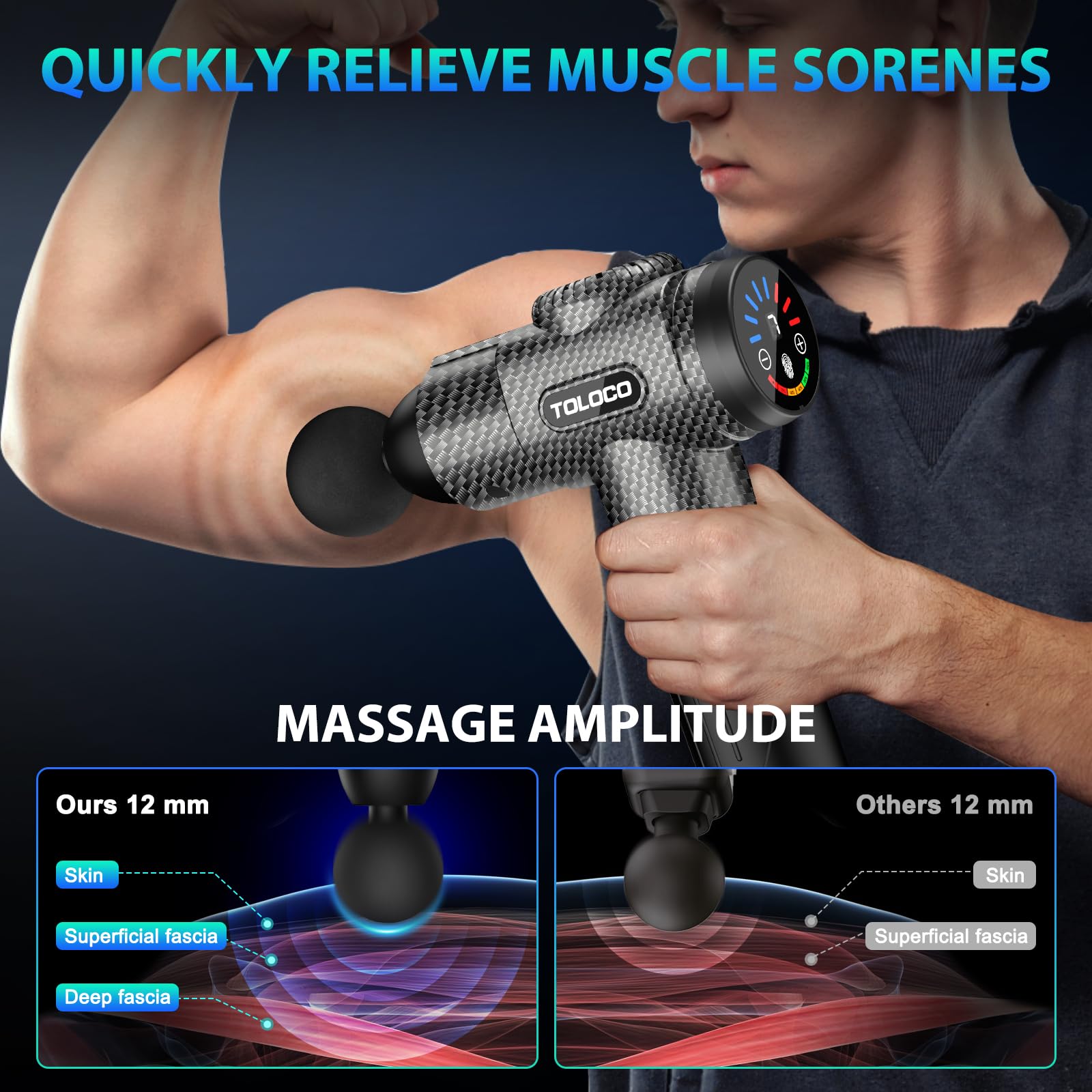 TOLOCO Massage Gun LED touch screen makes speed and battery checks simple.