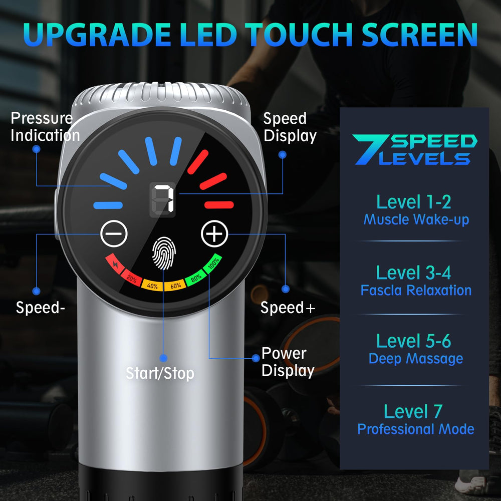 TOLOCO massage gun side view highlighting ergonomic grip for comfortable handling